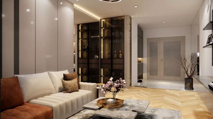 replan 3d minimalist apartment,interior furniture,kitchen island,d5 wall lighten