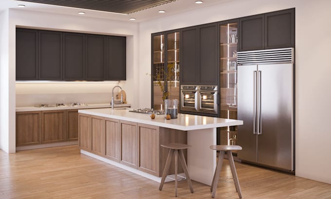 create a modern kitchen cabinet design in sketchup with realistic 3d rendering
