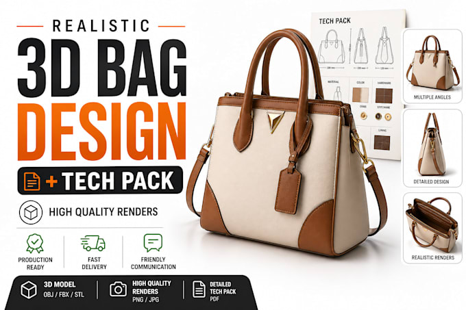 create realistic 3d bag design with tech pack for production