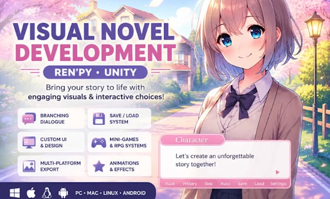 develop a visual novel or interactive game using renpy or unity