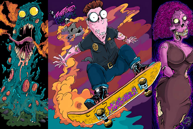 create crazy cartoon graphics, skate, punk, horror, low brow