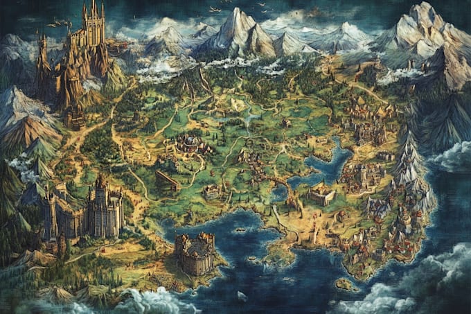 drawn vector fantasy map illustration city map design