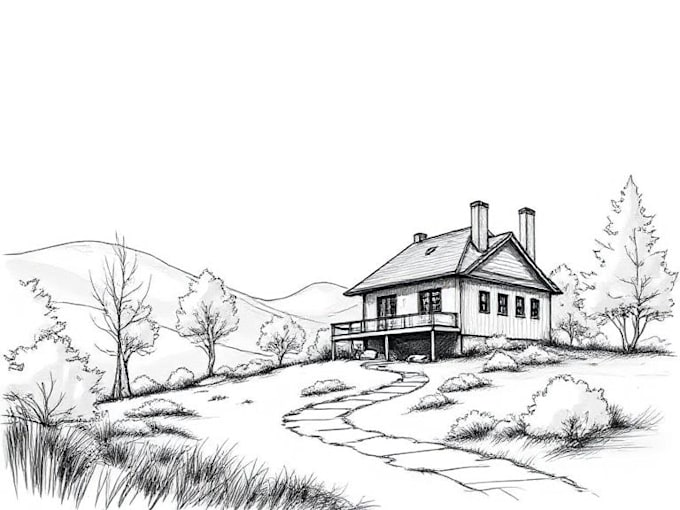 sketch landscape, house or building