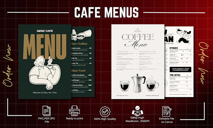 design a professional and modern cafe menu, coffee shop menu and food men