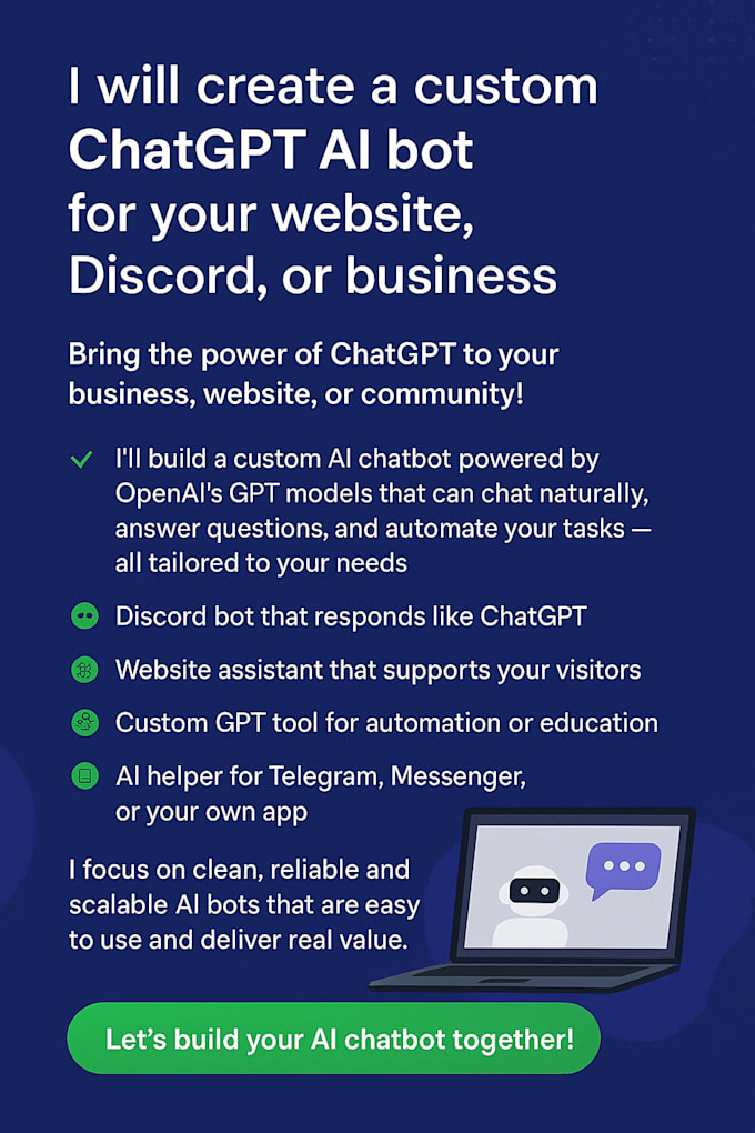 Create a custom chatgpt ai bot for your business by Zsigiikee | Fiverr