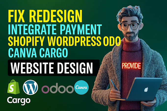 fix redesign integrate payment shopify wordpress odoo canva cargo website design