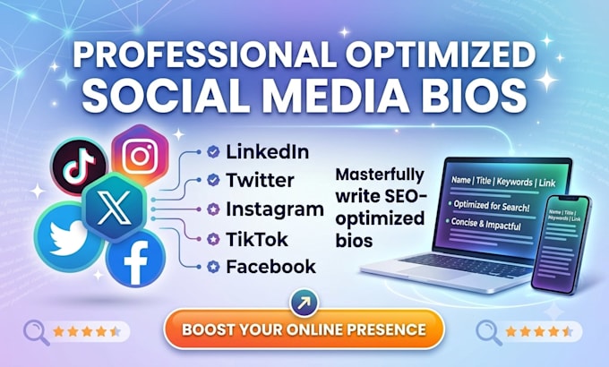 write SEO optimized linkedin, twitter, instagram, tik tok and facebook bio