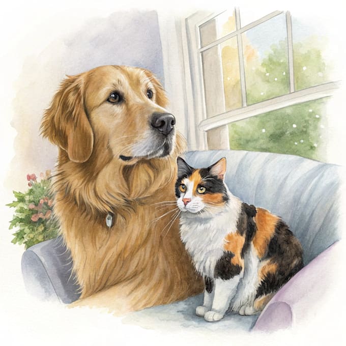 Draw custom watercolor pet portrait dog cat family portrait by Iasehana ...
