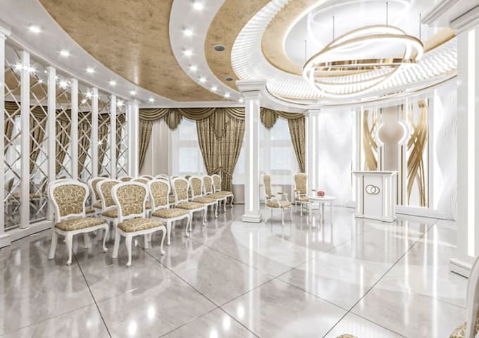 design and decorate 3d wedding hall, event space, ceremony hall, conference hall