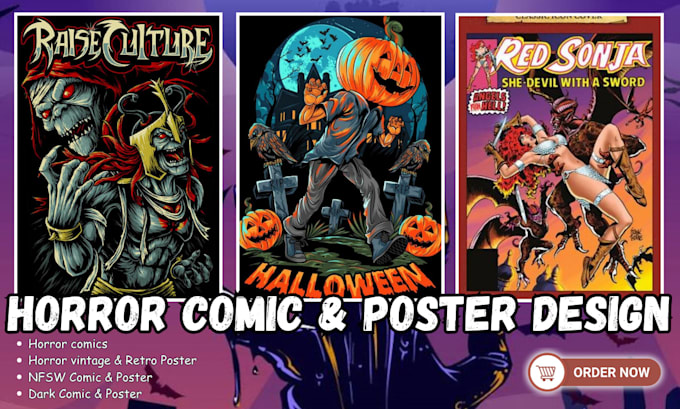 Draw horror and halloween vintage poster, retro 70s 80s comic art and