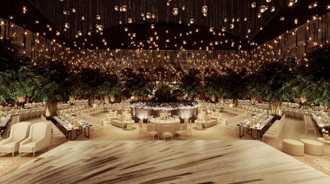 design 3d elegant event hall,outdoor wedding decoration,led lighting,cgi render