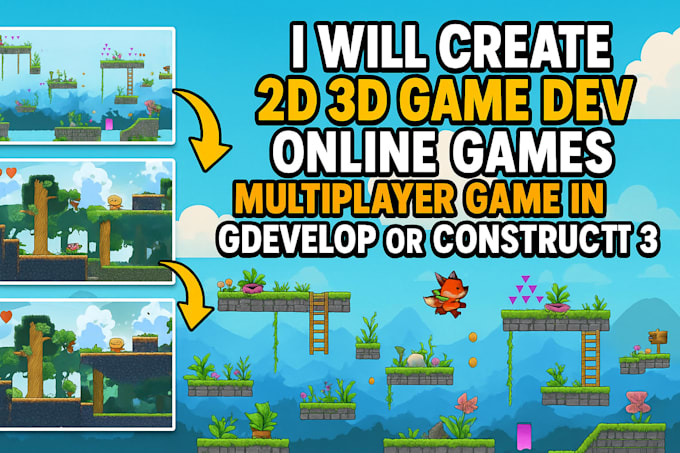 create 2d,3d game dev, online games, multiplayer game in gdevelop or construct 3