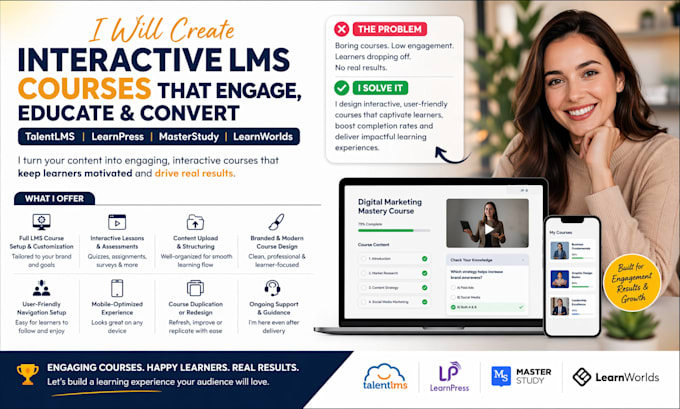 create interactive lms course for talentlms, learnpress, masterstudy, learnworld