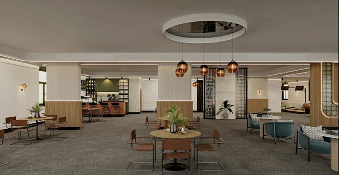 modern 3d restaurant interior, counter area,retail store layout, cafe,bar design