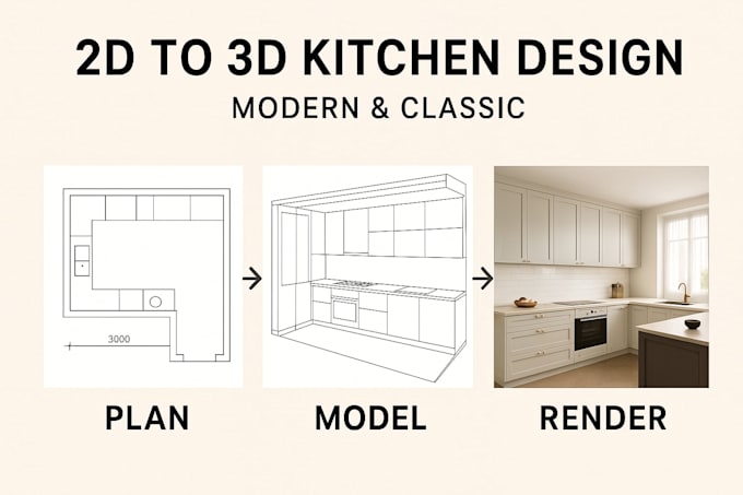 design modern kitchen and living room with 3d render