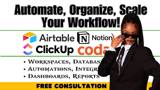 setup clickup, notion, airtable coda workspace databases, automation, dashboards