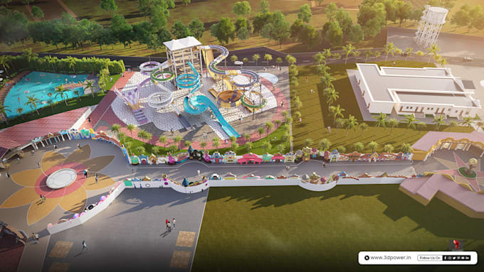 design a realistic 3d amusement or theme park master layout