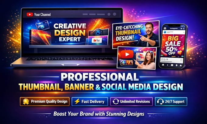design eye catching youtube thumbnails and social media banners