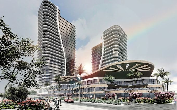 model 3d commercial mixed use tower,museum design,restaurant interior render,cgi