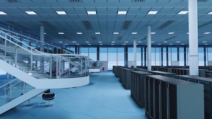 render realistic ai data center 3d design, 3d server room, server room 3d design