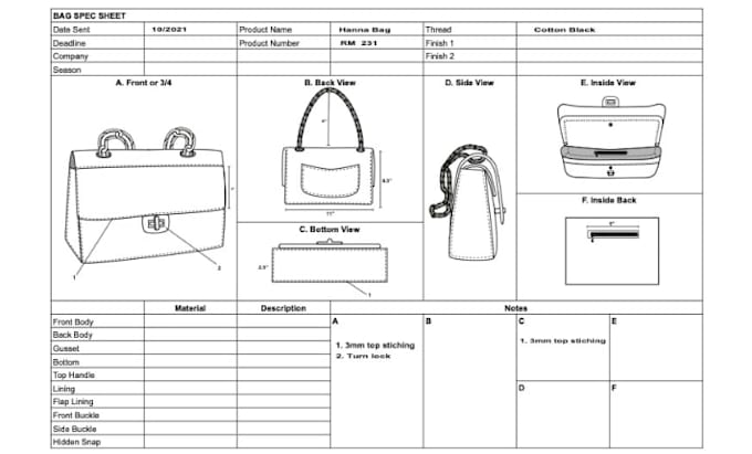 design a professional crossbody bag tech pack with pattern and spec sheet