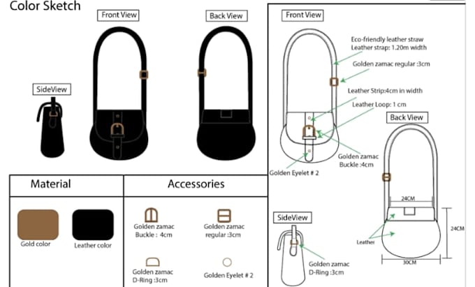 design detailed techpack and sketch for custom belts wallets purses and footwear