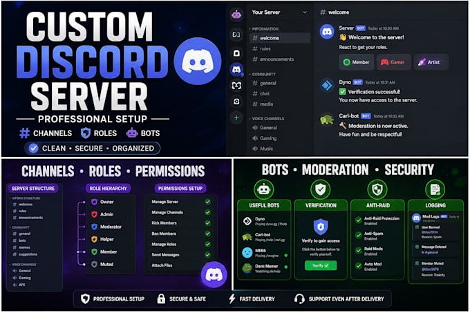 setup your custom discord server with roles channels and bots