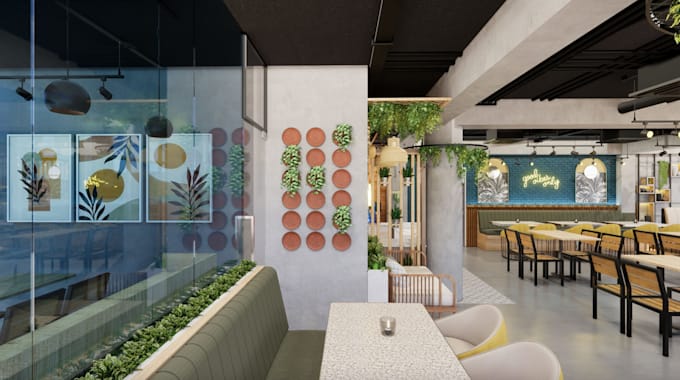 hand draw plan to 3d model,griddle restaurant design,grocery store,cgi interior