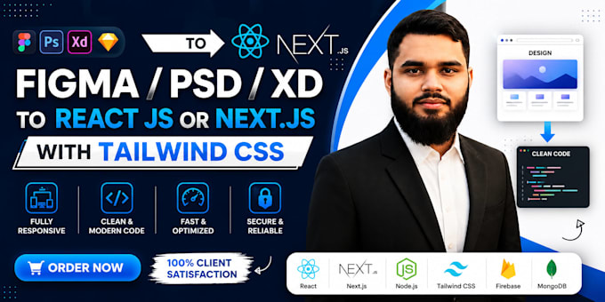 convert figma PSD xd to react js or nextjs with tailwind CSS