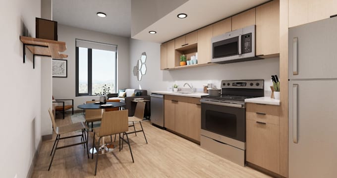 remodel modern kitchen,furniture layout,studio apartment design,dining,rendering