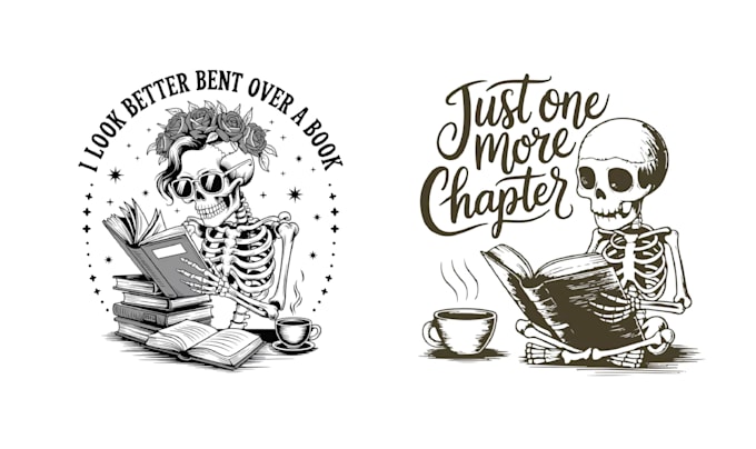 design custom skeleton reading a book and coffee shop logo