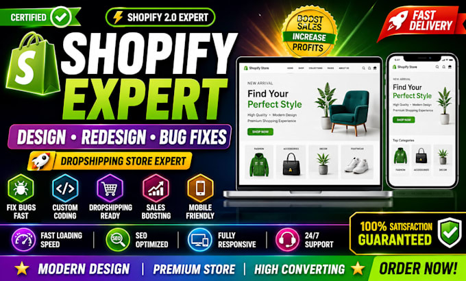 shopify website design, redesign, bug fixes,  dropshipping expert