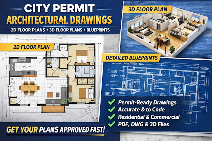 design city permit architectural drawings, 2d or 3d floor plans and blueprints