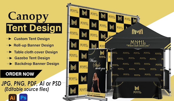 create tent setup including banners table cover and backdrop