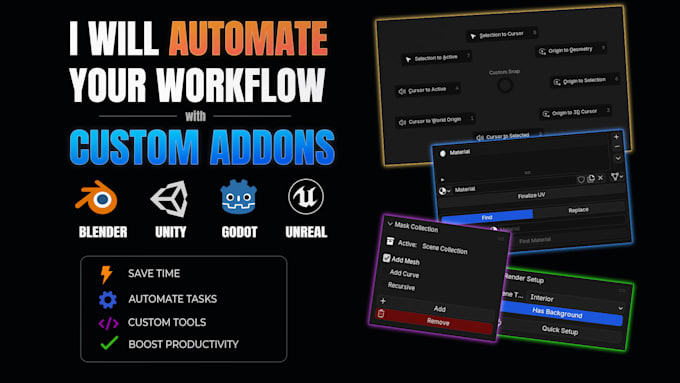 automate your workflow with custom addons for blender, unity, godot and unreal