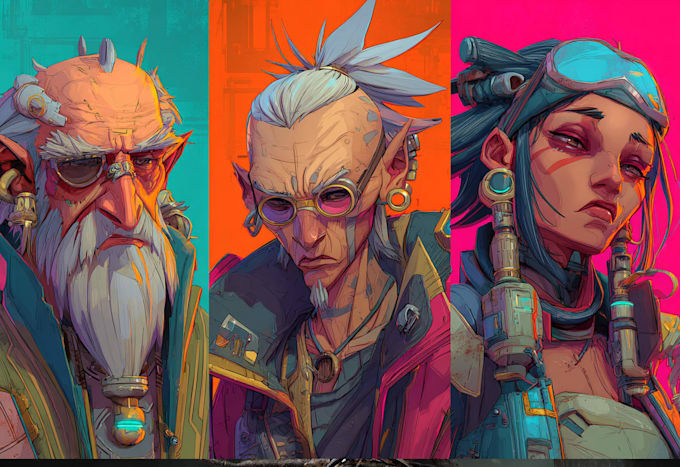 make cyberpunk and fantasy character splash art