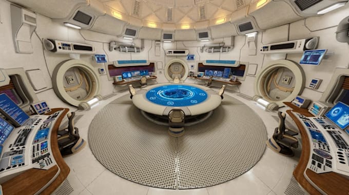 design spaceship command center, sci fi cockpit, cargo bays, lab props, core,skp