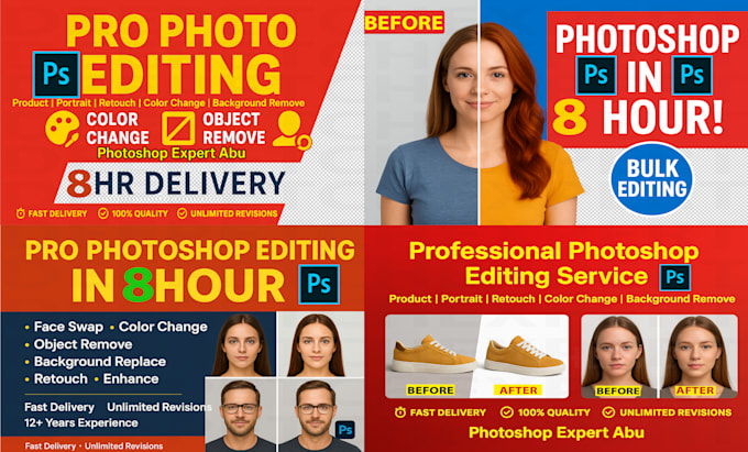 Do photoshop work,bulk photo edit,color change,face swap,object remove ...