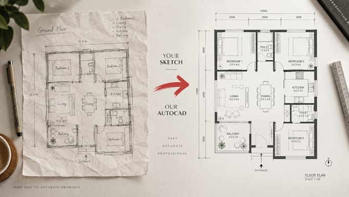 convert your sketch into a professional autocad 2d floor plan