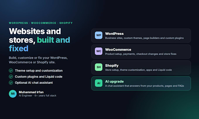 build or customize your wordpress, woocommerce or shopify website