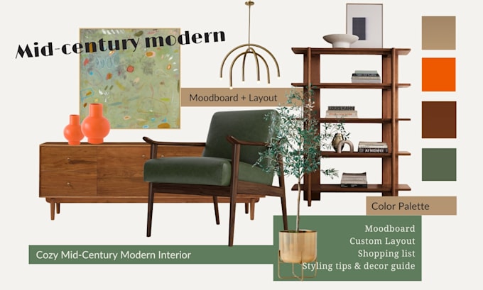 create a cozy mid century modern interior mood board and layout