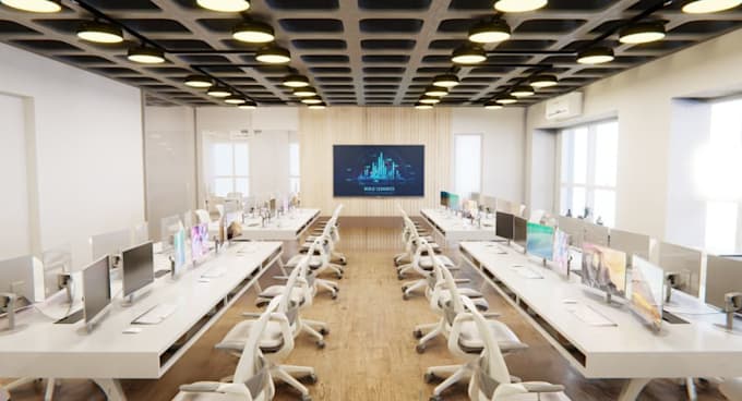 renovate office interior,cgi furniture render, computer lab setup,celling light