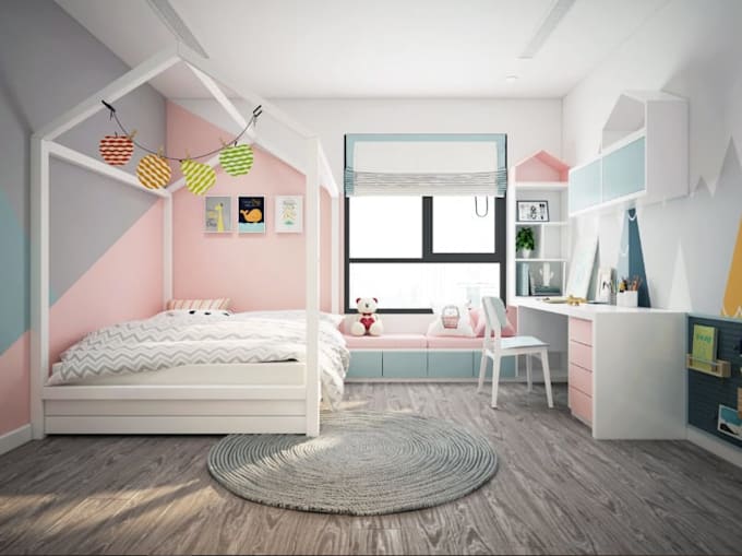 Renovate apartment kid room, cozy bedroom layout design, interior ...