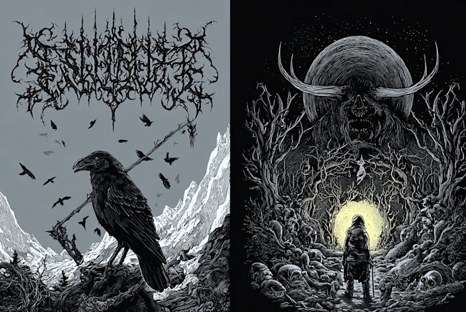 create darkart,black white artwork, occult, metal artwork
