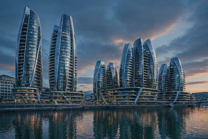 futuristic 3d skyscraper,cityscape round building, real estate,skyline rendering
