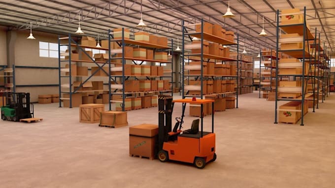 spacious warehouse interior, machine model, 3d layouts, showroom design, render