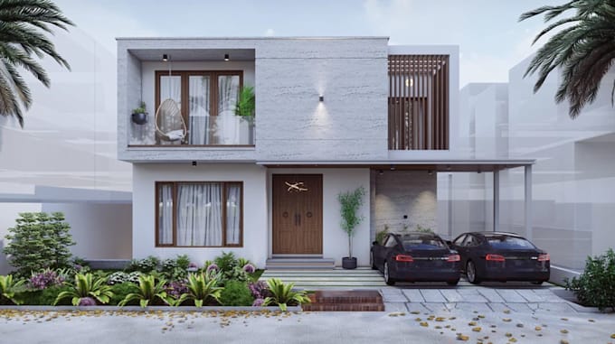 remodel contemporary cantilevered apartment backyard landscape, facade rendering