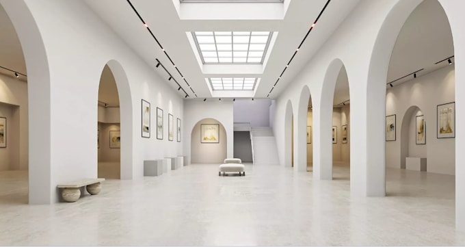 design 3d art gallery,museum with layout,lighting, and display design,decor,vr