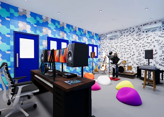Render 3d interior acoustic home theater cinema movie music podcast ...
