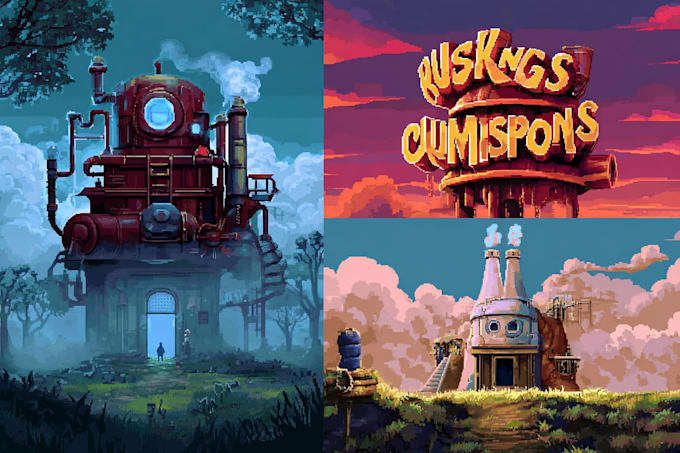 Design steam capsule game concept art background, pixel art, steam logo ...